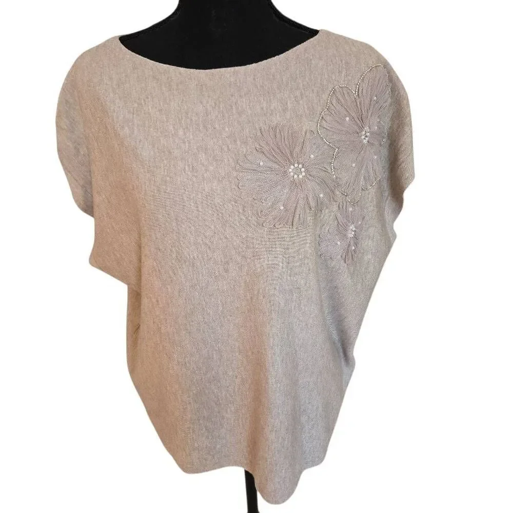 LIV Milano Womens Pearl Embellished Floral Applique Knit Sweater Taupe Large